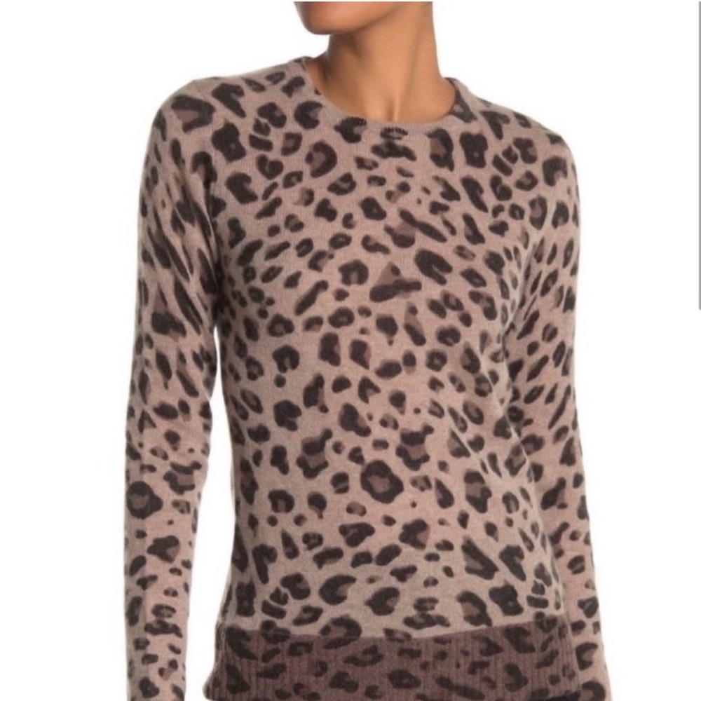 Magaschoni Cashmere Leopard Print Crew Neck Sweater Womens XL Brown Tan Animal